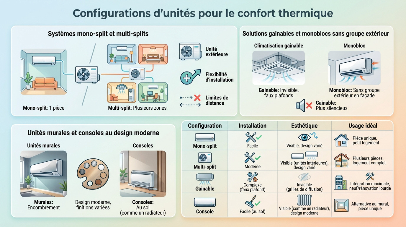 Comparatif visuel des unités de climatisation réversible : mural, console et gainable